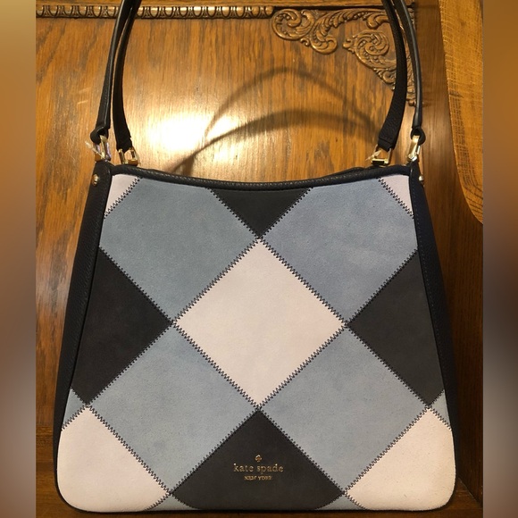 NWT-Kate Spade-Leila-Med 3 Compartment Shoulder-Patchwork Suede-Blazer Blue-$479 - Picture 2 of 15